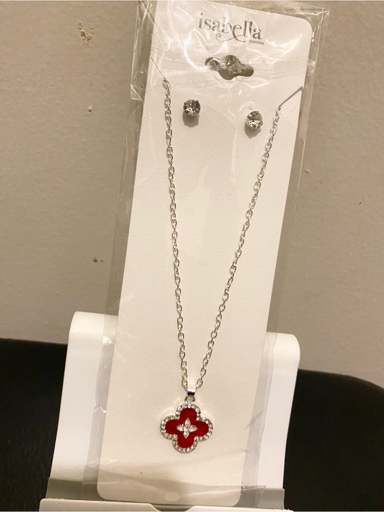 Isabella Jewelry - B) Isabella Red Clover Pendant Necklace with Crystal-Trim Studs